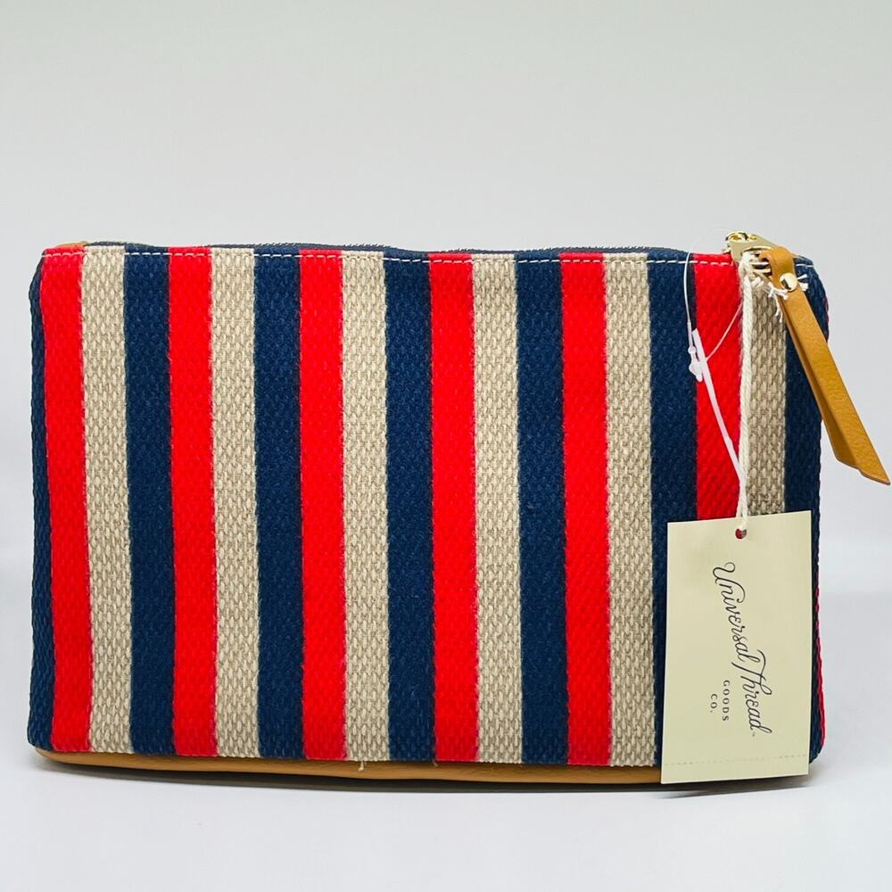 Universal Thread striped‎ red blue zip closure knit clutch wristlet bag w tassel